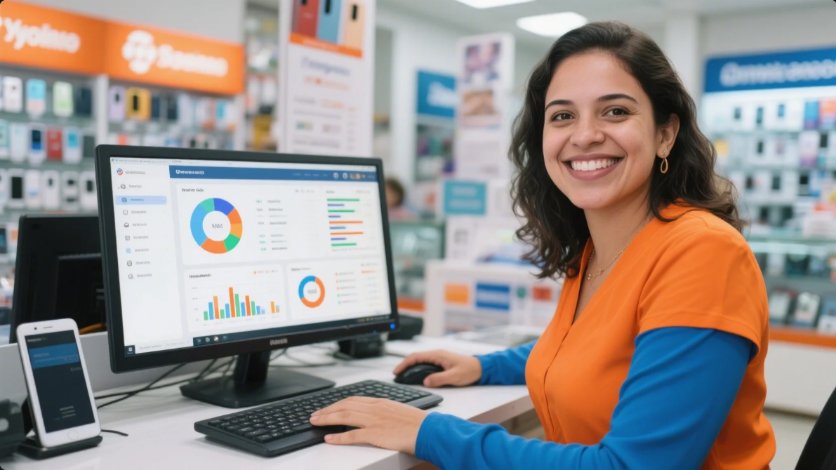 Uma varejista dona de uma loja de celulares. Ela está sorrindo para a câmera enquanto trabalha em um computador que exibe gráficos e dashboard intuitivos com IA. Sua roupa usa as cores laranja ou azul como paleta. Ao fundo, temos detalhes da sua loja de celulares com efeito blur.