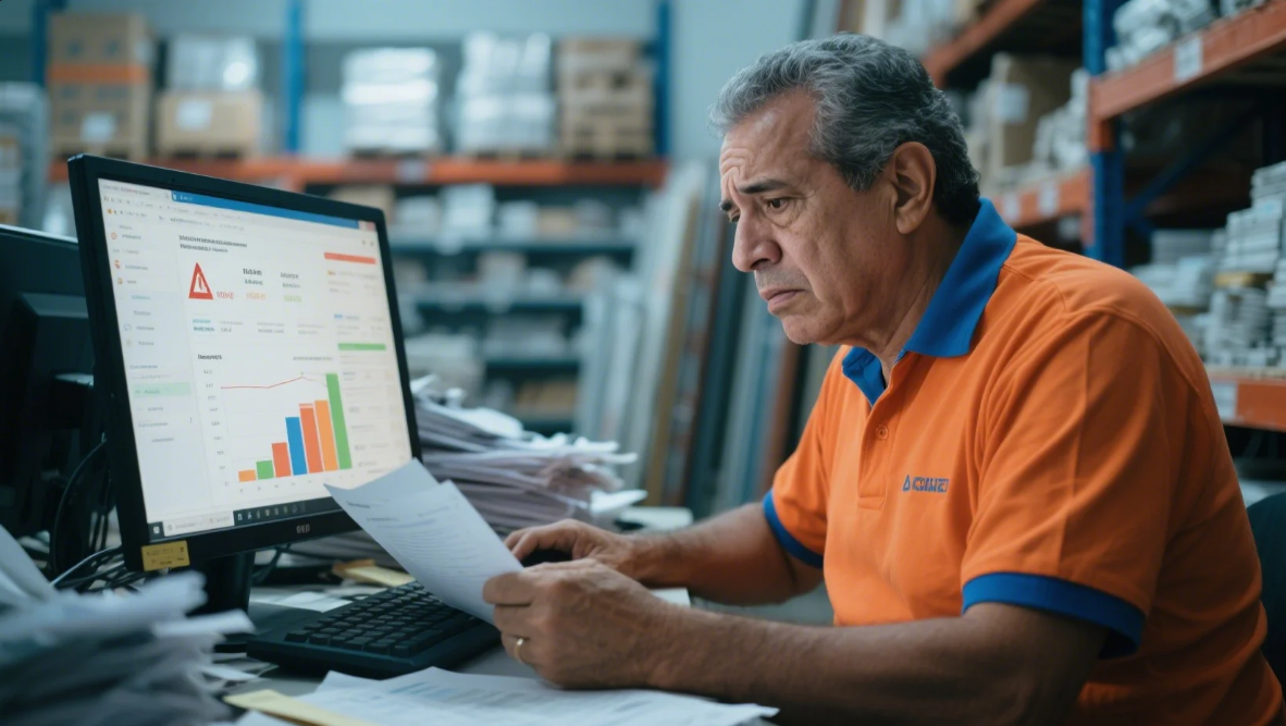 Um varejista gerente de uma loja de materiais de construção. Ele está pensativo diante de muitos dados desorganizados e dúvidas sobre situações comuns do varejo como: estoque cheio, alerta de ruptura de estoque, vendas caindo, etc. Ao seu redor há ícones representando suas dúvidas e angústias. Sua camisa é na cor laranja ou azul. Ao fundo, temos detalhes da sua loja com efeito blur.