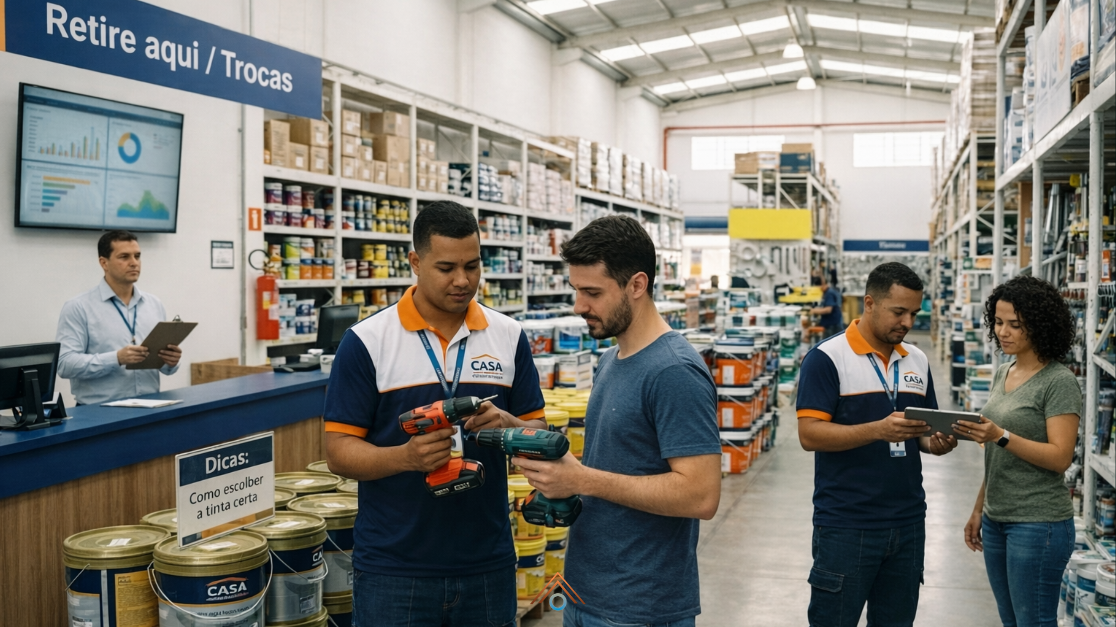 Funcionários atendem clientes em uma loja de material de construção organizada e bem iluminada. Dois colaboradores mostram furadeiras a um cliente no corredor de ferramentas, enquanto outro funcionário utiliza um tablet para auxiliar uma cliente. Ao fundo, prateleiras com tintas e produtos de construção e uma placa azul com a indicação “Retire aqui / Trocas”.