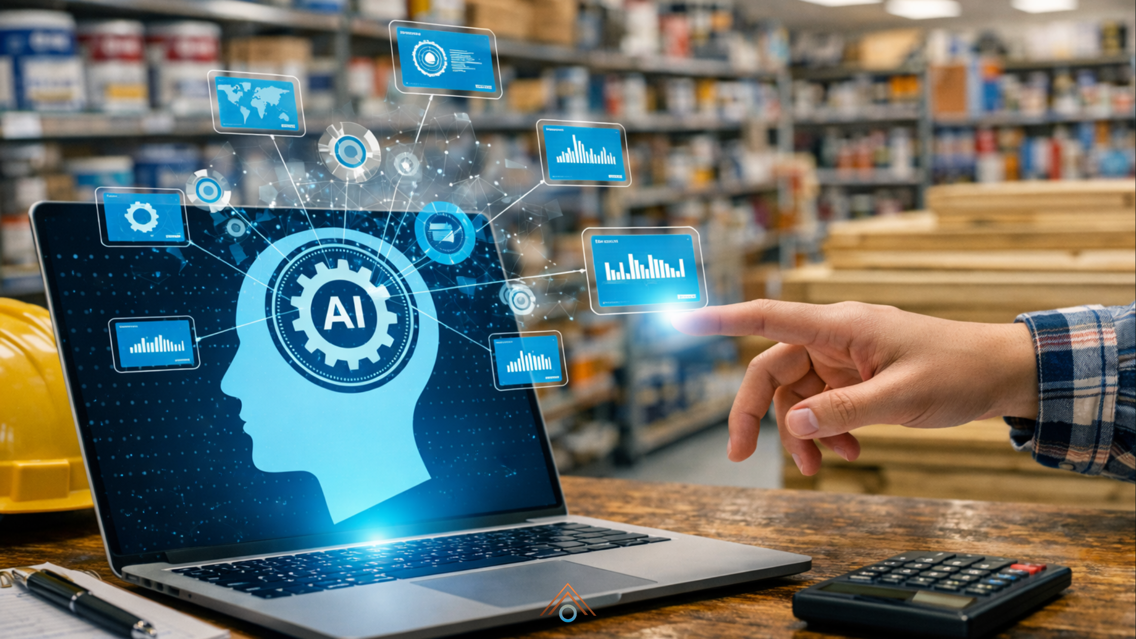 Laptop aberto sobre um balcão de loja de material de construção exibindo na tela a silhueta de uma cabeça com engrenagem e “AI”, cercada por gráficos e ícones de dados flutuantes; ao fundo, prateleiras com latas de tinta e madeira desfocadas, enquanto uma mão aponta para um gráfico destacado na tela.
