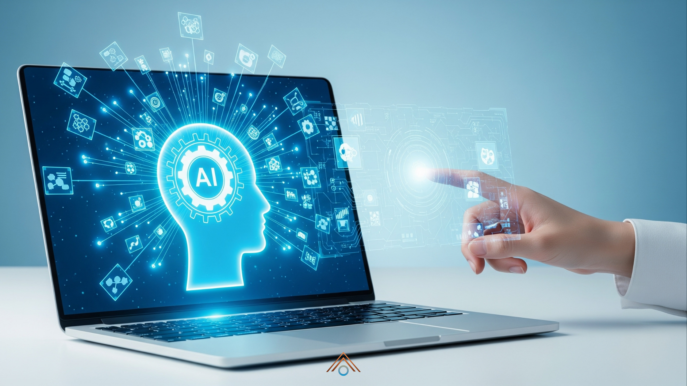 Uma mão humana interagindo com uma interface digital que representa inteligência artificial agêntica no varejo.