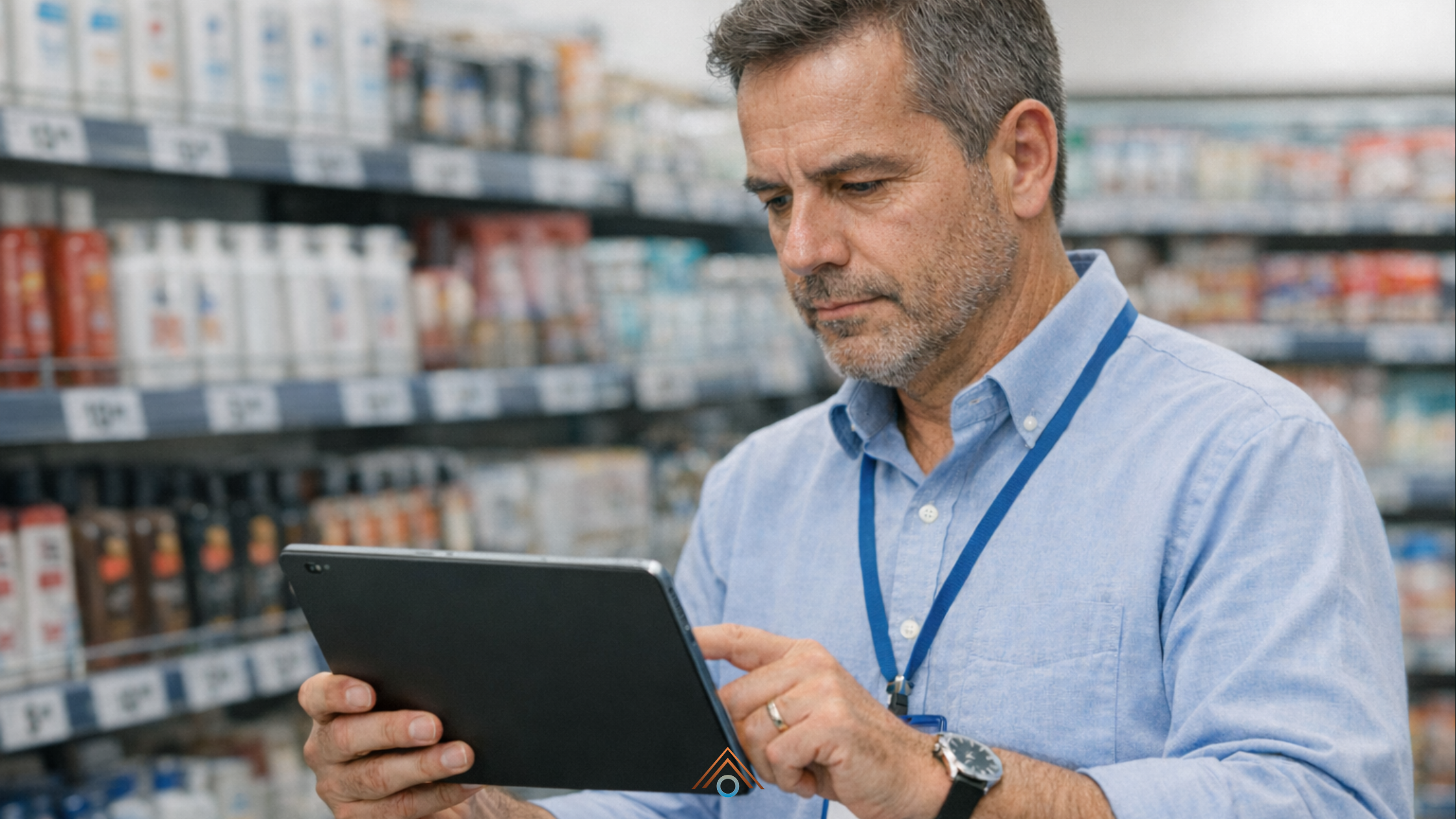 Gerente de loja de varejo analisando dados em um tablet dentro da própria loja, com prateleiras organizadas e etiquetas de preço ao fundo, ambiente iluminado e profissional, transmitindo foco e tomada de decisão estratégica.