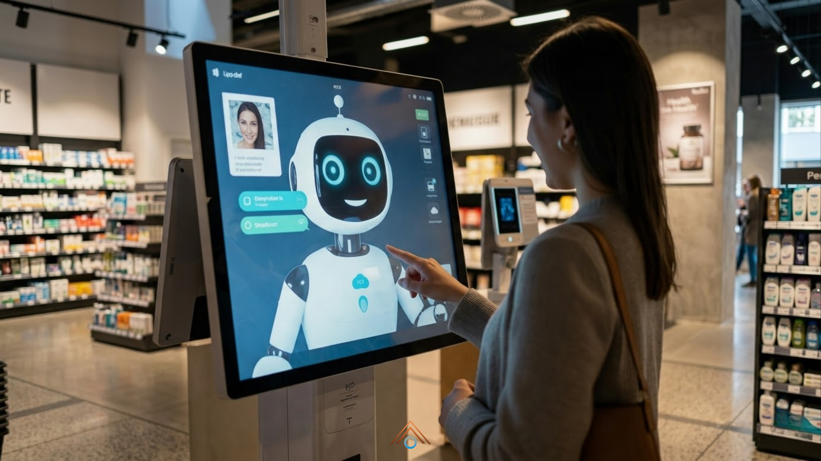 Uma mulher jovem com cabelos presos e blusa cinza interage com um quiosque de autoatendimento digital em uma farmácia moderna. Ela está de perfil direito e toca na tela com o dedo indicador. A tela grande do quiosque exibe um avatar de robô amigável, branco com olhos azuis, e opções de menu de serviços. Prateleiras com produtos farmacêuticos e cartazes de saúde são visíveis ao fundo.