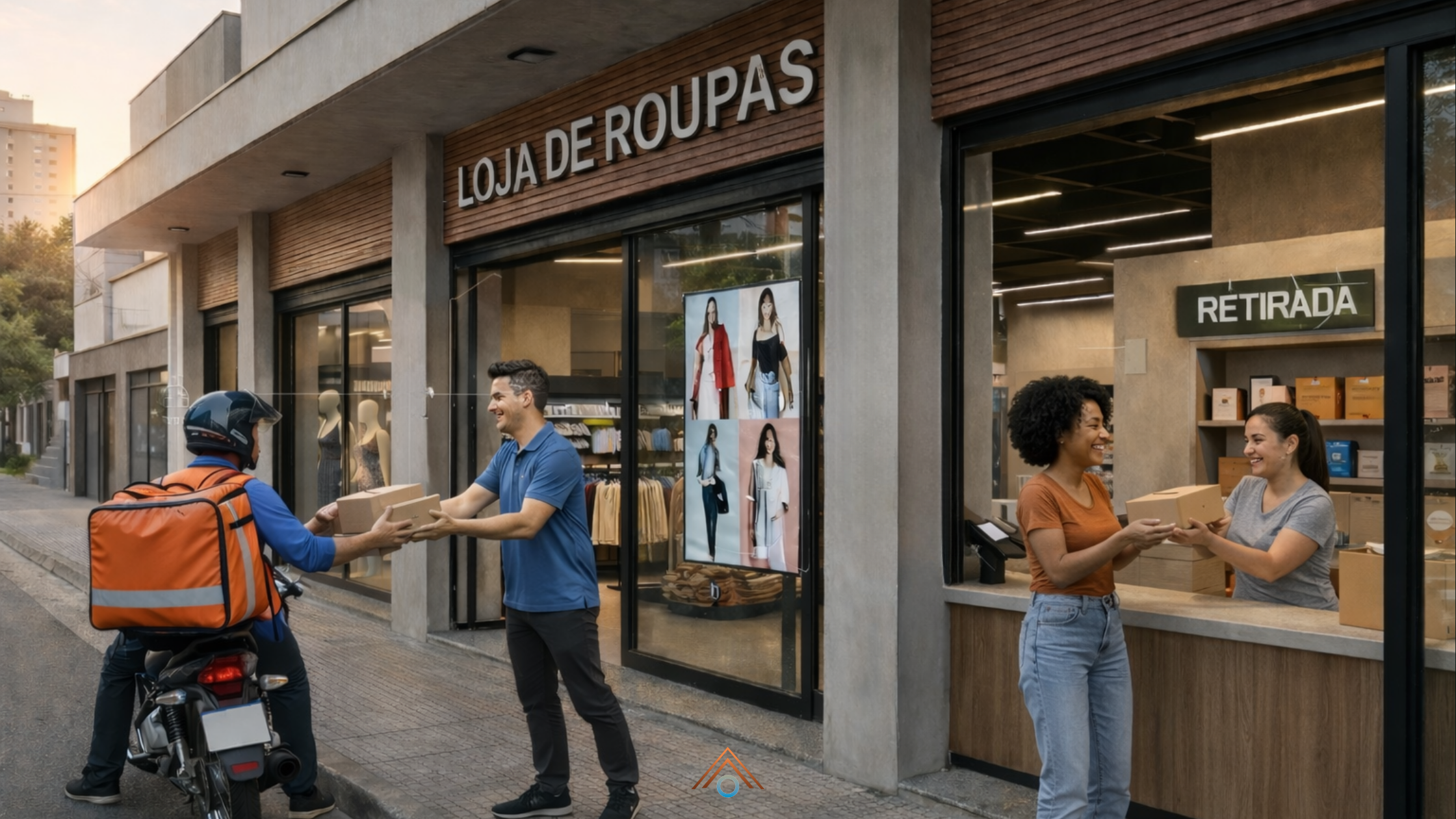 Fachada de uma loja urbana chamada “LOJA DE ROUPAS” no fim de tarde, com vitrine iluminada e área interna visível. À esquerda, um funcionário entrega caixas a um motoboy ao lado da moto. À direita, no balcão de “RETIRADA”, uma funcionária sorridente entrega uma encomenda a uma cliente igualmente feliz. Ícones sutis sobrepostos indicam vendas, estoque e clientes, sugerindo integração de dados no varejo.