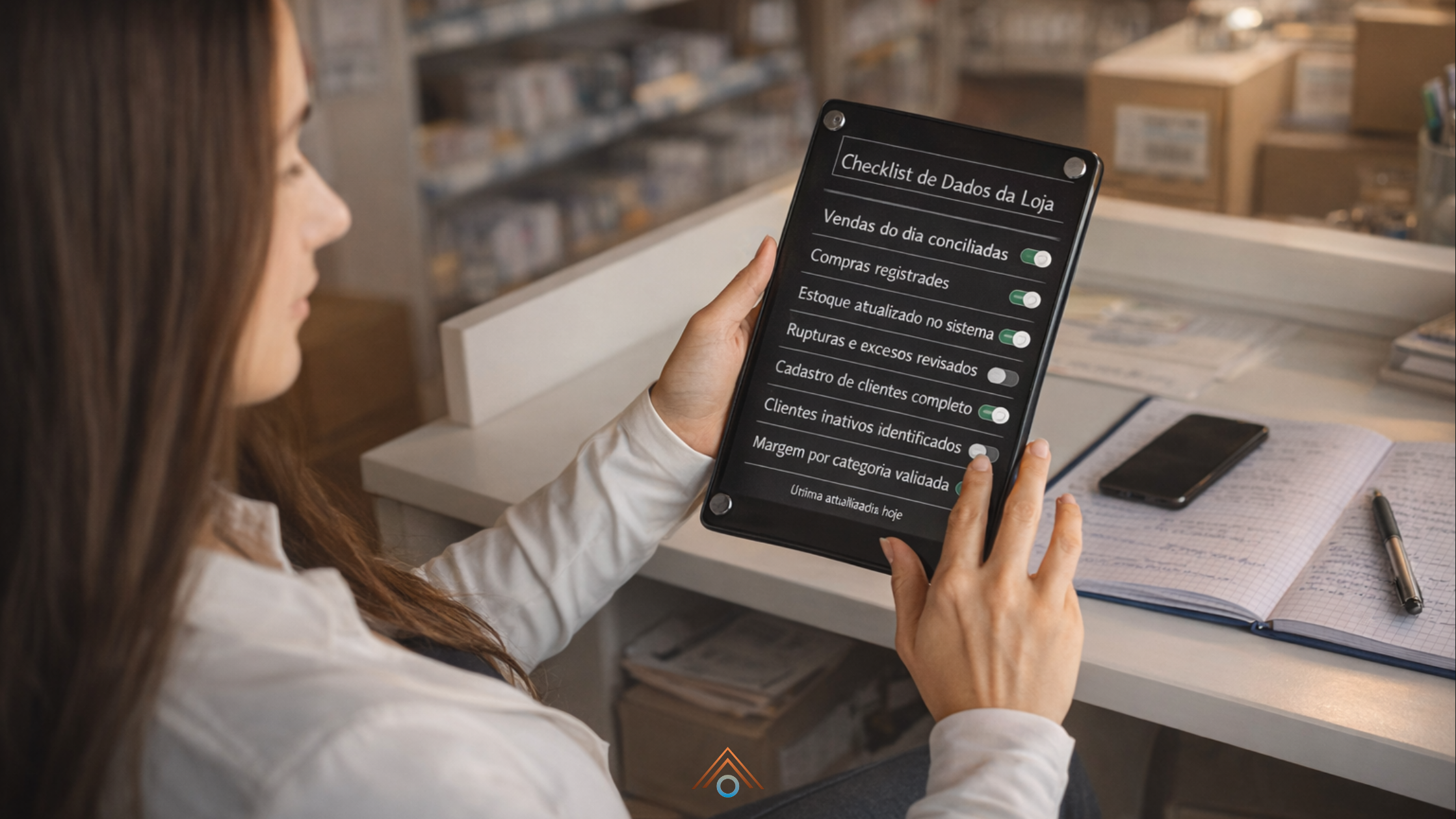 Mulher varejista analisando um checklist de dados operacionais da loja em um tablet, com informações de vendas, estoque, compras e clientes, em um escritório dentro do varejo.