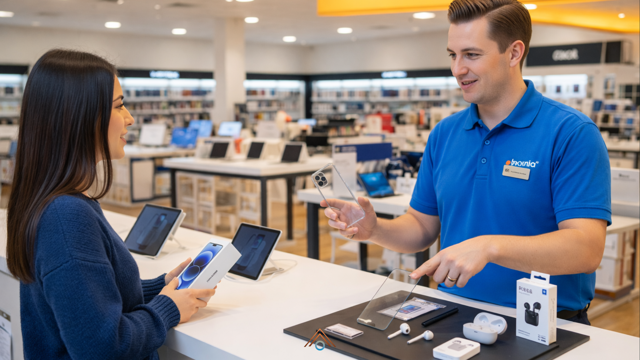 Um vendedor oferecendo uma capinha de celular a uma cliente prestes a comprar um celular em uma loja de eletrônicos.