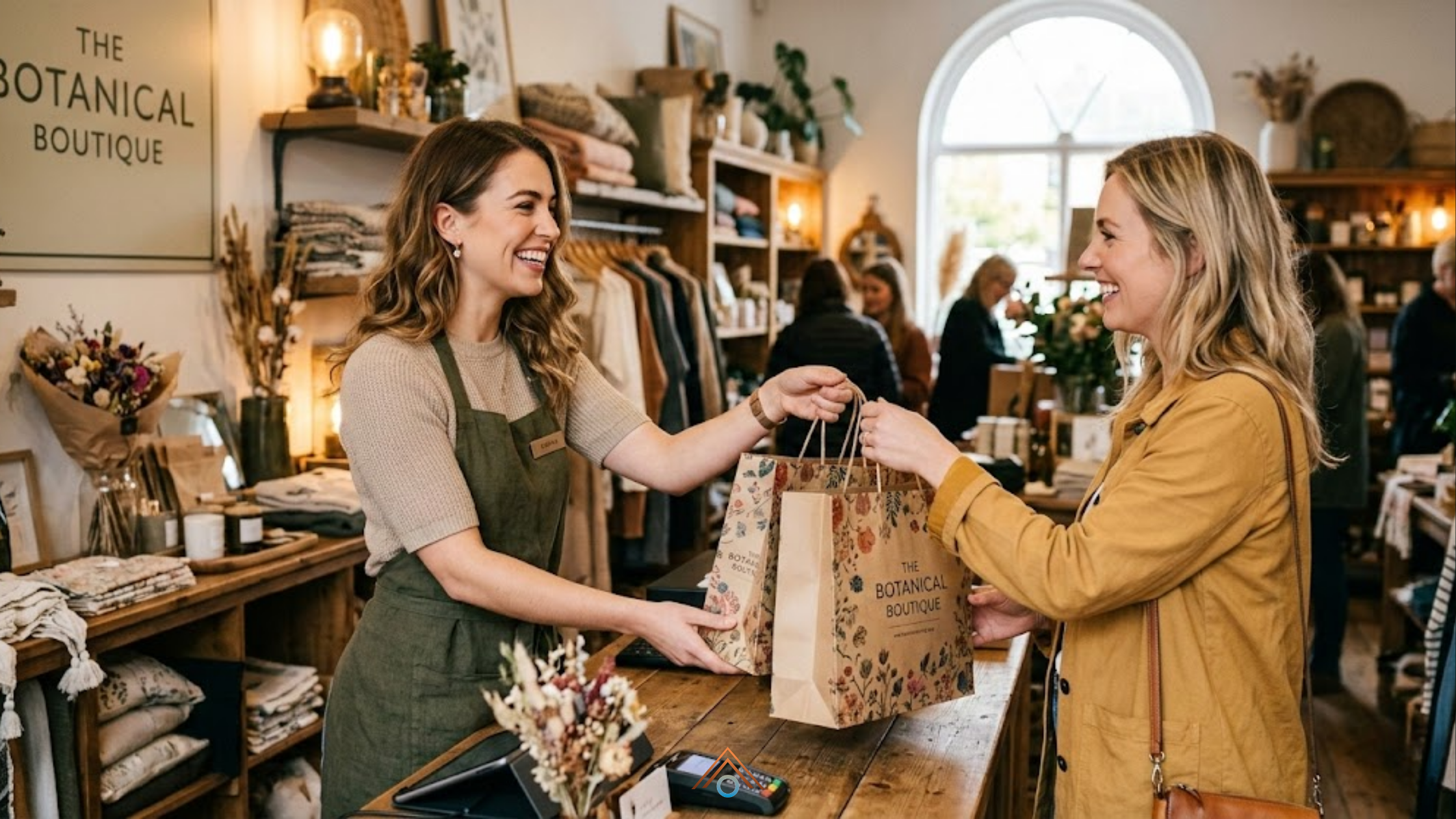 Atendente de uma loja boutique entrega sacolas de compra para uma cliente sorridente no balcão, em ambiente acolhedor com roupas, decoração e outros clientes ao fundo, representando experiência de compra e atendimento no varejo.