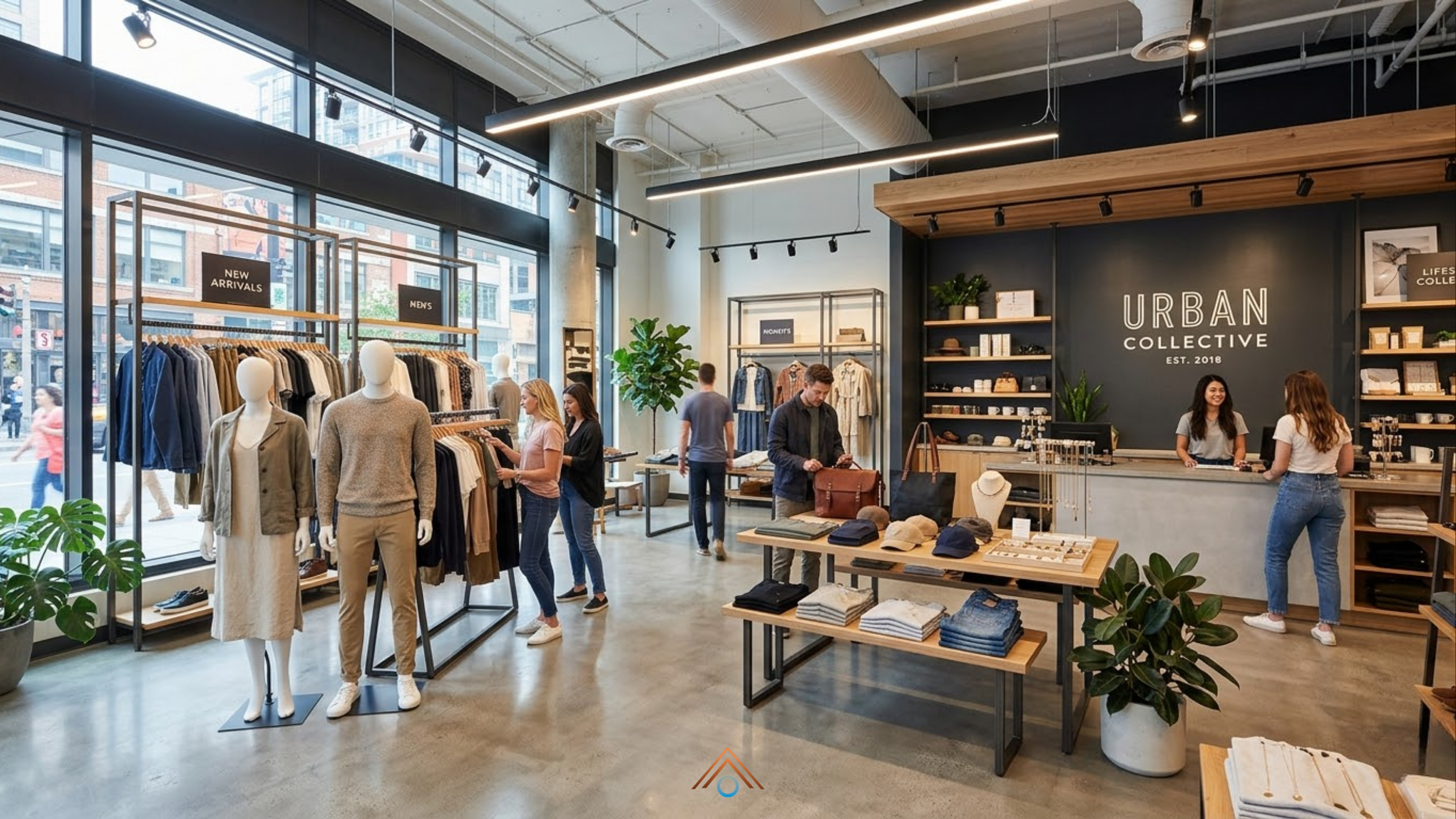 Uma fotografia de interior da loja de varejo moderna, de estilo industrial-chique, preenchida com clientes e funcionários. Roupas de estilo casual estão expostas em araras de metal à esquerda, enquanto acessórios como bolsas, bonés e joias estão em uma mesa central e em prateleiras flutuantes de madeira em uma parede azul escura. Muitas plantas em vasos, piso de concreto e tubulação exposta criam a atmosfera, com grandes janelas para a rua.