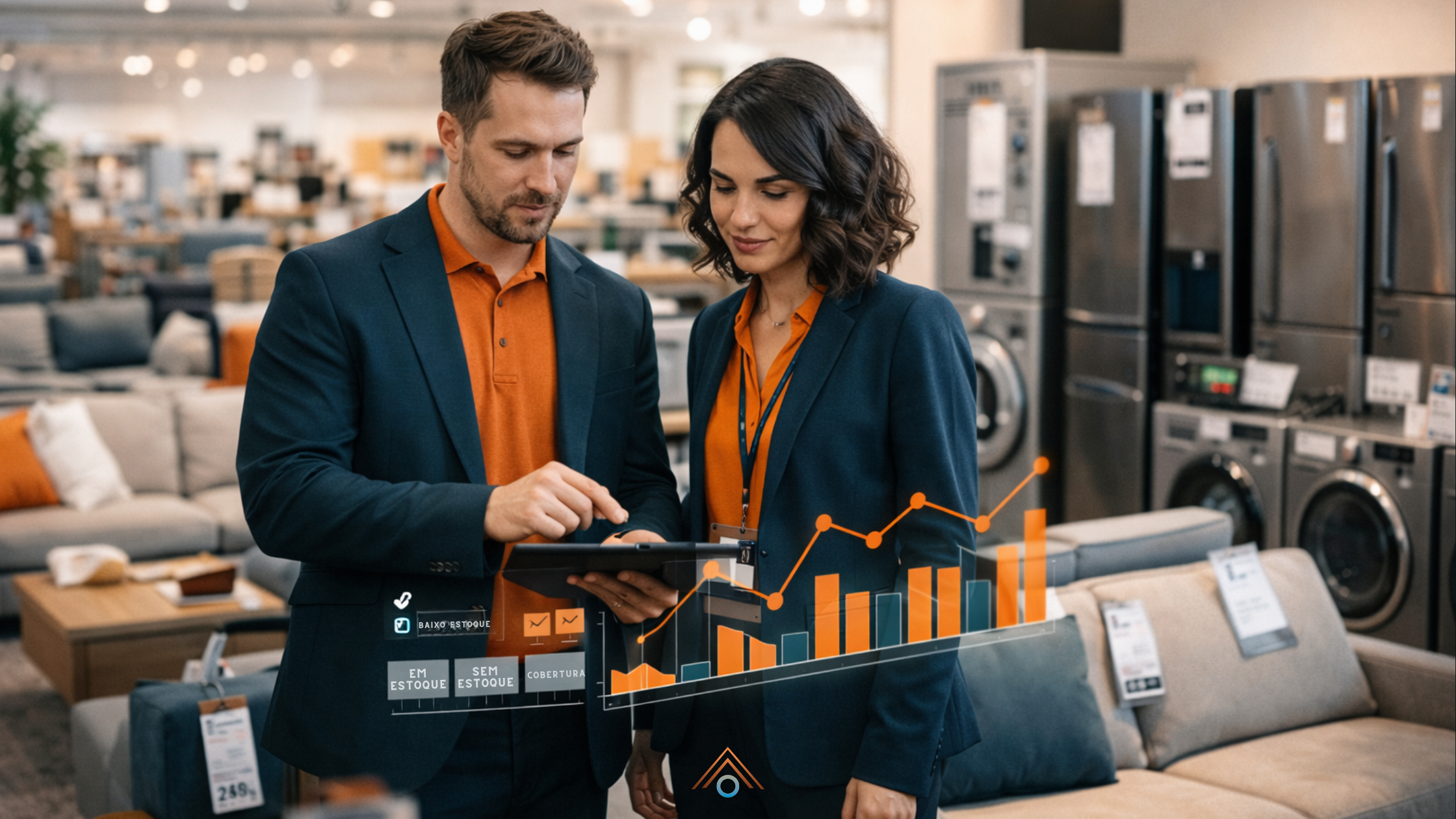 Dois profissionais de varejo em uma loja de móveis e eletrodomésticos analisam dados em um tablet, com gráfico de desempenho e indicadores de estoque sobrepostos na imagem, simbolizando o uso de IA e analytics no varejo.