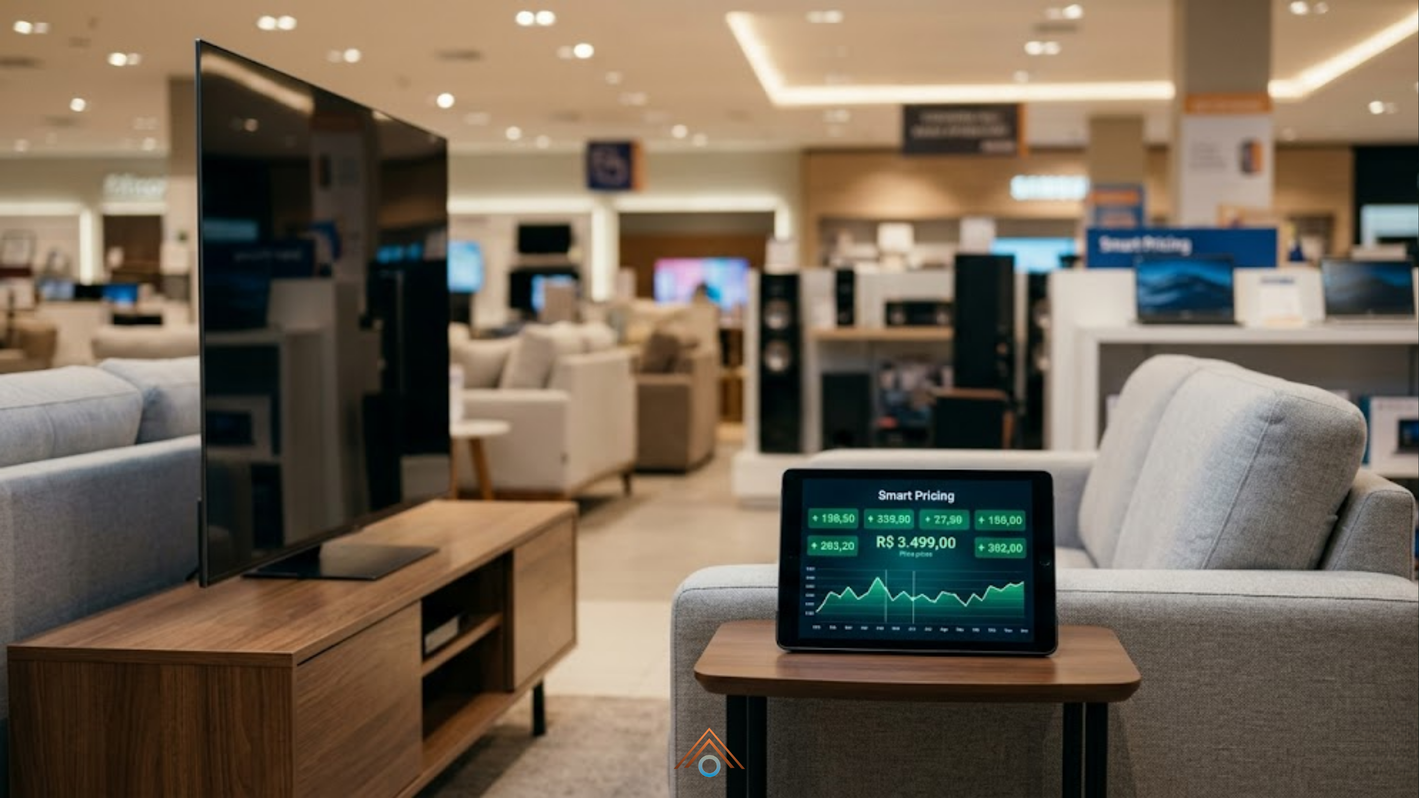 Interior de uma loja de eletrodomésticos e eletrônicos, com televisores, sofás e outros itens em exposição. Em primeiro plano, há uma TV sobre um rack de madeira e, ao lado, um tablet apoiado em uma mesa pequena exibindo um painel de precificação inteligente com gráfico e valores em reais.