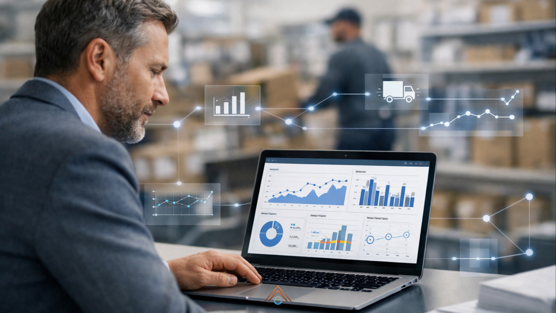 Gestor de varejo em ambiente moderno observa notebook com dashboard de vendas, estoque e logística, enquanto ao fundo um espaço físico desfocado sugere integração entre e-commerce e operação omnichannel, com elementos sutis de inteligência artificial apoiando a tomada de decisão.