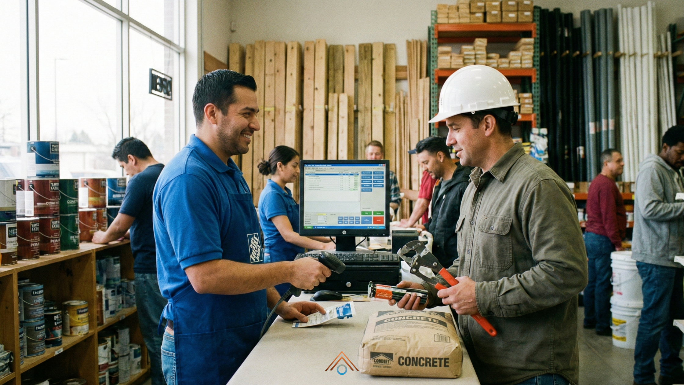 Um vendedor de uma loja varejista de material de construção atendendo um cliente em destaque, com outros clientes e funcionários da loja ao fundo