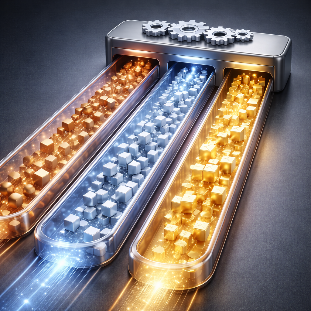 Ilustração 3D realista de um processo de ingestão e ETL no Maloka Core, representado por três canais paralelos em forma de calhas transparentes sobre um fundo escuro elegante. No primeiro canal, partículas “cruas” e variadas em tom bronze; no segundo, partículas mais uniformes em tom prata; no terceiro, elementos organizados e brilhantes em tom ouro. No topo, um mecanismo discreto com engrenagens minimalistas sugere orquestração do fluxo, com iluminação suave e reflexos metálicos.