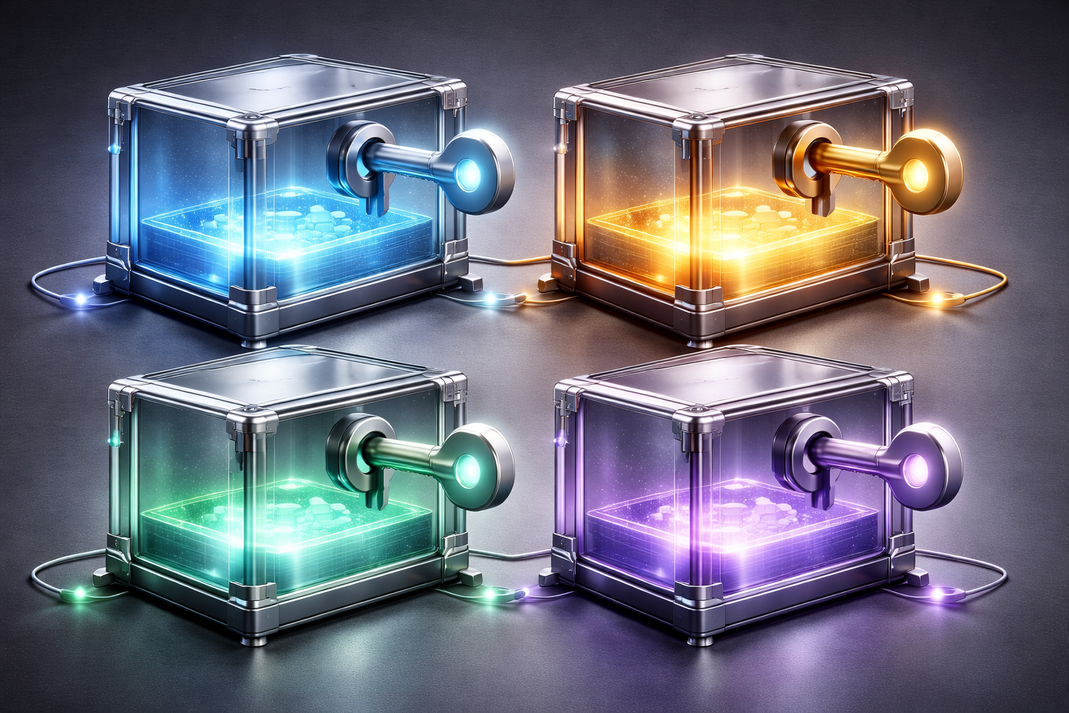 Ilustração 3D realista mostrando a segurança do Maloka Core, representado por quatro cofres de vidro separados, alinhados em uma composição 2x2, cada um representando um varejista. Dentro de cada cofre há um pequeno “lago” luminoso de dados com brilho suave em cores distintas (azul, laranja, verde e roxo). Cada cofre possui sua própria chave metálica abstrata encaixada na lateral e conexões independentes por cabos discretos com luzes pontuais.