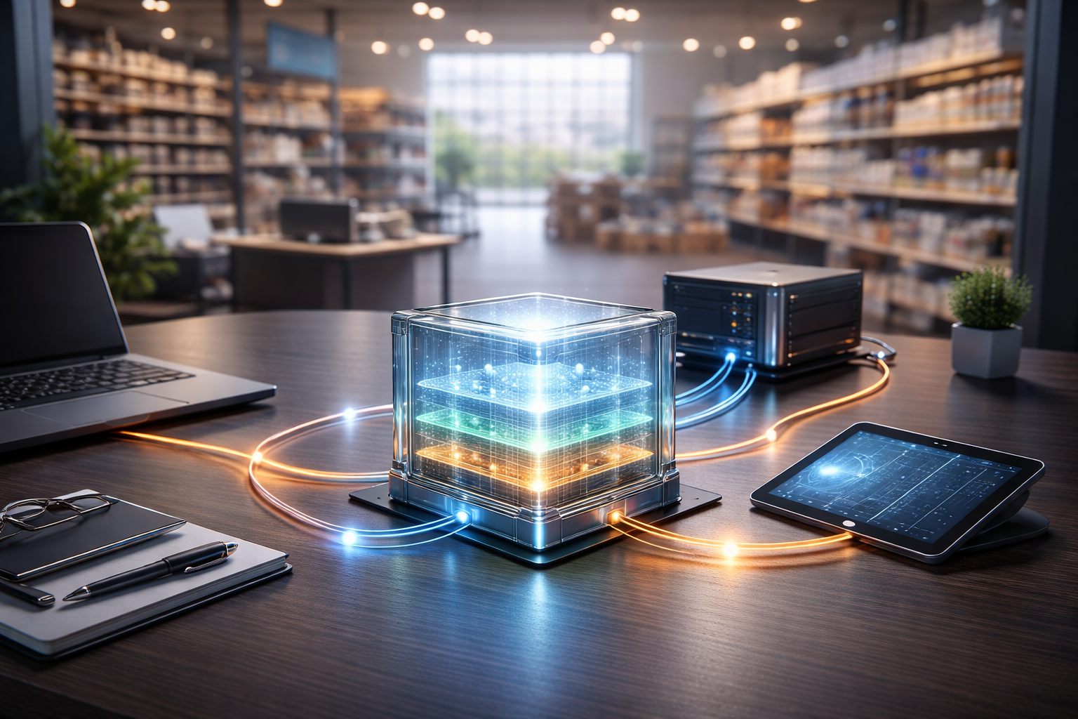 Ilustração de uma cena realista em de um escritório dentro de um comércio varejista, com prateleiras desfocadas ao fundo. Em primeiro plano, uma mesa escura com um cubo de vidro translúcido no centro, contendo três camadas internas luminosas e organizadas, simbolizando dados. Finos feixes/cabos de luz conectam o cubo a diferentes dispositivos ao redor (notebook, servidor compacto e tablet), sem telas legíveis, sem texto e sem logos, com atmosfera premium e iluminação suave.