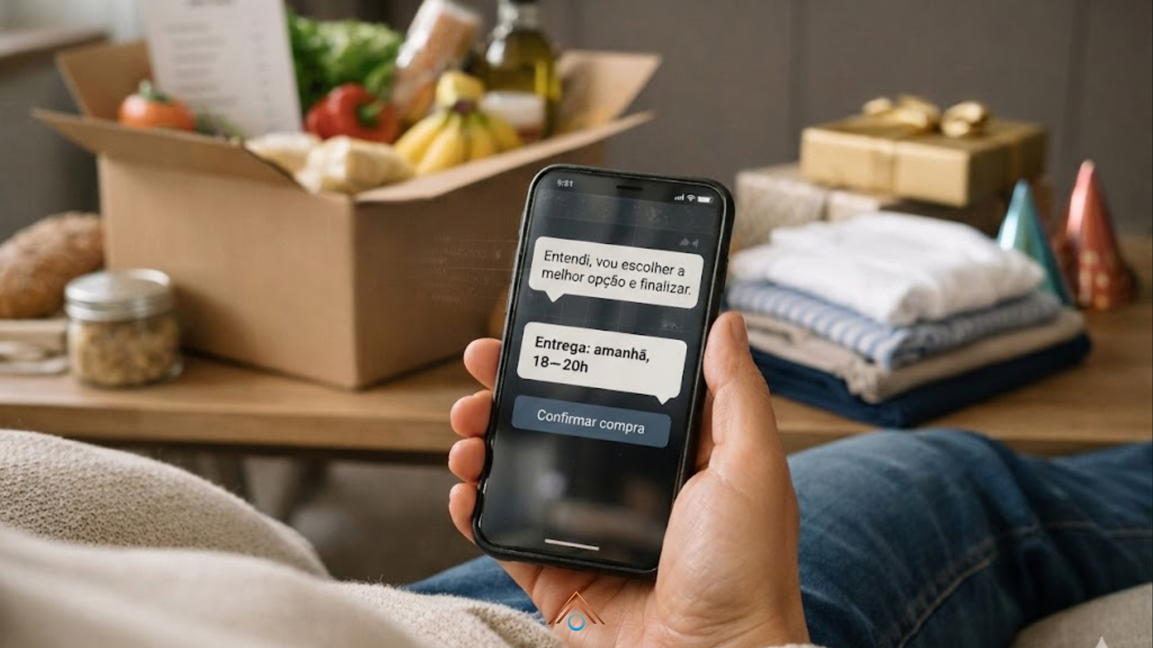 Close-up, em perspectiva de primeira pessoa, de alguém segurando um smartphone. Na tela, um chat com assistente de IA exibe a mensagem 'Entendi, vou escolher a melhor opção e finalizar', seguida pelo horário de entrega 'amanhã, 18–20h' e um botão de 'Confirmar compra'. Ao fundo, com desfoque suave, vê-se uma caixa com compras de mercado e roupas dobradas sobre uma mesa de centro em uma sala iluminada por luz natural.